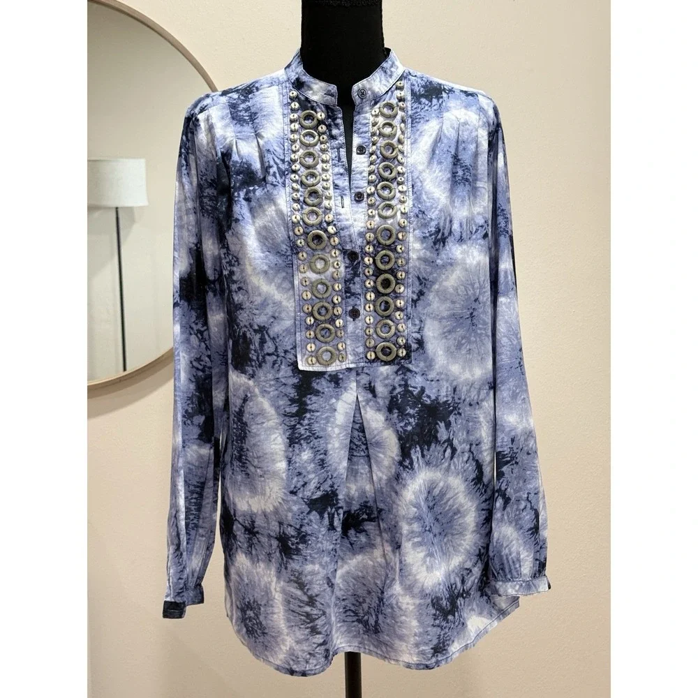 Michael Kors Top‎ M Blue Tie-Dye Beaded Bib Pleated Hippie Boho Peasant Popover